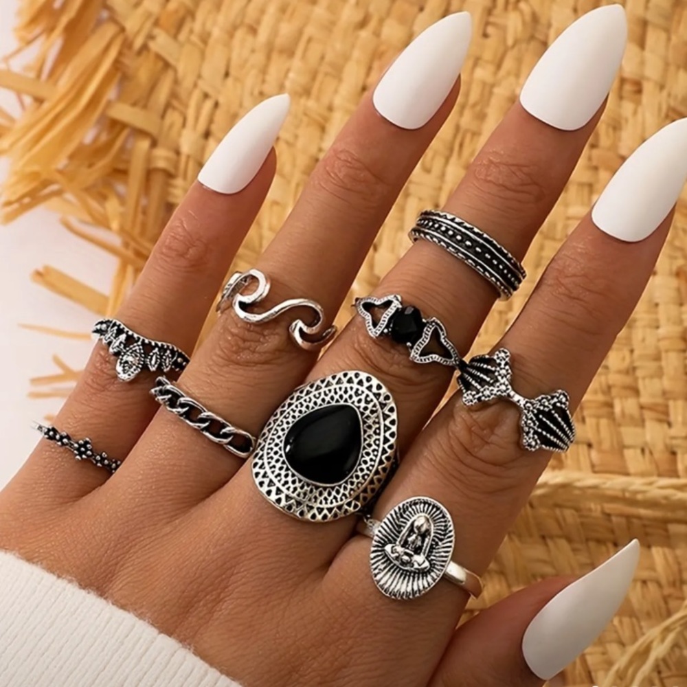 9-Piece Aged Silver Tribal Ring Set